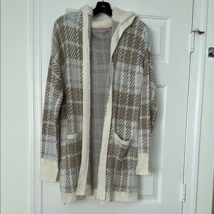 Crave Fame Plaid Hooded Cardigan - Cream and Brown